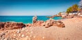 Panoramic summer view of publik beach in Dhermi town. Sunny morning seascape of Adriatic sea. Royalty Free Stock Photo