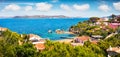 Panoramic summer view of Rafael port, Province of Olbia-Tempio, Italy, Europe. Fantastic morning view of Sardinia. Aerial seascape Royalty Free Stock Photo