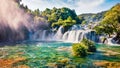 Panoramic summer view of Skradinski Buk waterfall. Fantastic morning scene of Krka National Park, Lozovac village location, Royalty Free Stock Photo