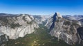 Panoramic summer view of Yosemite valley with Half Dome mountain, Tenaya Canyon, Liberty Cap, Vernal Fall and Nevada Fall, seen Royalty Free Stock Photo