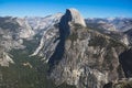 Panoramic summer view of Yosemite valley with Half Dome mountain, Tenaya Canyon, Liberty Cap, Vernal Fall and Nevada Fall, seen Royalty Free Stock Photo