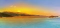 Panoramic Sunrise over the sea and famous Greek island Corfu