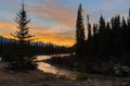 Panoramic sunrise scenery of Bow River and Castle Mountains at Banff National Park in Alberta, Canada Royalty Free Stock Photo