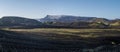 Panoramic sunrise view on Myrdalsjokull glacier. from Botnar campsite at Iceland on Laugavegur hiking trail, green