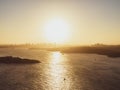 Panoramic sunset aerial drone view of famous Sydney Harbour with the CBD city centre skyline in the background. South Head Royalty Free Stock Photo