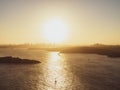 Panoramic sunset aerial drone view of famous Sydney Harbour with the CBD city centre skyline in the background. South Head Royalty Free Stock Photo