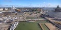 Panoramic sunset aerial view of Helsinki skyline from city port in summer season