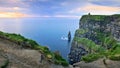 Panoramic sunset view of the Cliffs of Moher with sea stack, Ireland Royalty Free Stock Photo