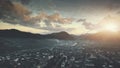 Panoramic sunset hill suburban town aerial view Royalty Free Stock Photo