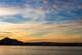 Panoramic sunset at Land`s End over the city of Cabo San Lucas, Mexico, 2020 Royalty Free Stock Photo