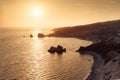 Panoramic sunset landscape of Petra tou Romiou (The rock of the Greek), Aphrodite& 39;s legendary birthplace in Paphos, Cyprus