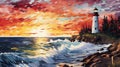 Panoramic Sunset Lighthouse Painting: Vibrant Murals Inspired By Patrick Brown And Emily Carr