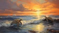 Panoramic Sunset Painting Of Sea Turtles In Arthur Sarnoff Style