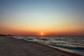 Panoramic sunset sky background. Summer beach of panoramic view. Ocean wave. Colorful seascape, beach. Sunrise by the sea. Horizon