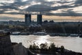 Panoramic sunset view of Belgrade Fortress, Kalemegdan Park, Sava and Danube Rivers in city. Royalty Free Stock Photo