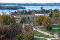 Panoramic sunset view of Belgrade Fortress, Kalemegdan Park, Sava and Danube Rivers in city. Royalty Free Stock Photo