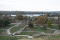 Panoramic sunset view of Belgrade Fortress, Kalemegdan Park, Sava and Danube Rivers in city. Royalty Free Stock Photo