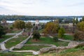 Panoramic sunset view of Belgrade Fortress, Kalemegdan Park, Sava and Danube Rivers in city. Royalty Free Stock Photo