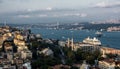 Panoramic sunset view on bridge and cruise ship in Istanbul augst summer
