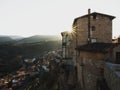 Panoramic sunset view of Casas Colgadas in historical village town Frias Las Merindades Burgos Castile and Leon Spain Royalty Free Stock Photo