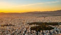 Panoramic sunset view of metropolitan Athens, Greece, with Pedion tou Areos park and Strefi Hill seen from Lycabettus hill