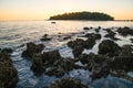 Panoramic sunset view over the rocky shore in Croatia, close to the Adriatic Sea. European vacation touristic destination Royalty Free Stock Photo