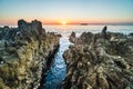 Panoramic sunset view over the rocky shore in Croatia, close to the Adriatic Sea. European vacation touristic destination Royalty Free Stock Photo