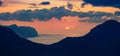 Panoramic sunset view from populat tourist attraction - Klakkur peak, Faroe Islands, Denmark, Europe. Dramatic evening scene of Ka