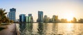 Panoramic view of Sharjah waterfront in UAE at sunset Royalty Free Stock Photo