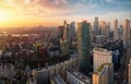 Panoramic sunset view of the skyscrapers at Canary Wharf London Royalty Free Stock Photo