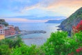 Panoramic sunset view to Vernazza village Royalty Free Stock Photo