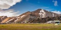 Panoramic surreal magic Icelandic landscape of colorful rainbow volcanic Landmannalaugar mountains, and a biggest camping site