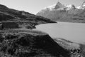 Panoramic swiss mountain landscape with Lago Bianco at Bernina Hospitz Royalty Free Stock Photo