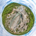 Panoramic tiny planet of thermal springs in Canyon Langarica in Albania, Europe, Summer 2022