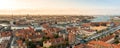 Panoramic top view of the Copenhagen channels from the Christianshavn neighborhood at sunset. Denmark