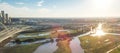 Panoramic top view Dallas landmark Margaret McDermott bridge and overflow Trinity River