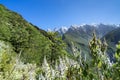 Panoramic top view of the Jade Dragon Snow Mountain on the hiking trails of the Tiger Leaping Gorge, Lijiang Yunnan, China