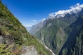 Panoramic top view of the Jade Dragon Snow Mountain on the hiking trails of the Tiger Leaping Gorge, Lijiang Yunnan, China