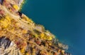 Panoramic top view quarry artificial lakes in autumn season
