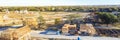 Panoramic top view suburban master planned community with under construction house near Dallas, Texas, USA