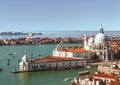 Panoramic top view on Venice, the Basilica Santa Maria della Salute and San Giorgio Maggiore cathedral from the bell tower of St. Royalty Free Stock Photo