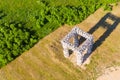 Panoramic top view of the White Gate. Wood sculpture in the Art Park Nikola Lenivets. National park in Kaluga Region, Russia