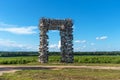 Panoramic view of the White Gate. Wood sculpture in the Art Park Nikola Lenivets. National park in Kaluga Region, Russia