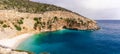 Panoramic tropical sea, cove and beach landscape from Kas, Antalya, Turkey. Holiday, travel and tourism concept. Royalty Free Stock Photo