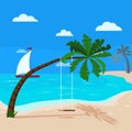 Panoramic tropical seascape with blue ocean and coconut palm, swing on palm tree, sailboat Royalty Free Stock Photo