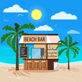 Panoramic tropical seascape with ocean, sun, wooden beach bar, palms tree, chair, trashcan Royalty Free Stock Photo