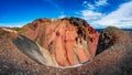 Panoramic true Icelandic landscape view of colorful rainbow volcanic Landmannalaugar mountains, red and pinky volcanic crater and