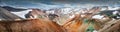 Panoramic true Icelandic rough landscape view of colorful rainbow volcanic Landmannalaugar mountains, volcanoes, streams and