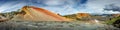 Panoramic true Icelandic rough landscape view of colorful rainbow volcanic Landmannalaugar mountains, volcanoes, streams and