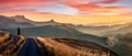 Panoramic Tuscanian view with old countryroad. Colorful summer sunrise of Italian countryside. Traveling concept background, Italy